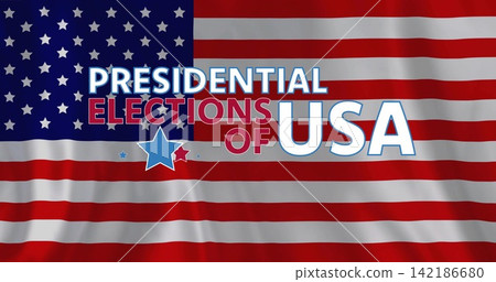 Displaying PRESIDENTIAL ELECTIONS OF USA headline on waving US flag banner with stars stripes folds Displaying PRESIDENTIAL ELECTIONS OF USA headline on waving US flag banner with stars stripes folds 142186680
