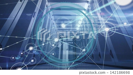 Displaying central server aisle with network overlay in data center, raised floor and cable trays Displaying central server aisle with network overlay in data center, raised floor and cable trays 142186698
