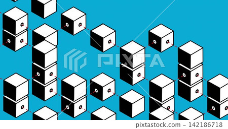 Displaying isometric cube pattern across cyan backdrop, featuring stacked modules with ports Displaying isometric cube pattern across cyan backdrop, featuring stacked modules with ports 142186718