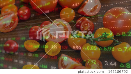Showing red and yellow cherry tomatoes halved, short vine on dark wooden board, with market overlay Showing red and yellow cherry tomatoes halved, short vine on dark wooden board, with market overlay 142186792