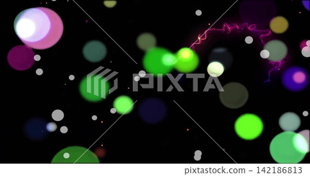 Glowing neon green bokeh cluster hovering on black canvas, showing magenta orb and violet squiggle Glowing neon green bokeh cluster hovering on black canvas, showing magenta orb and violet squiggle 142186813