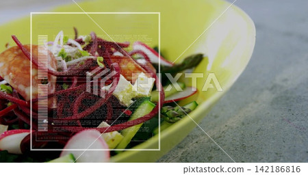 Serving lime bowl on gray countertop with beet salad, radish, feta, shrimp and overlay, copy space 142186816