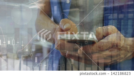 Scrolling hands wearing blue shirt viewing smartphone at office, showing candlestick charts overlay Scrolling hands wearing blue shirt viewing smartphone at office, showing candlestick charts overlay 142186823