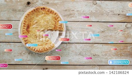 Showing baked-pie flaky-crust in tin on weathered plank, missing slice, crumbs, UI tags, copy space Showing baked-pie flaky-crust in tin on weathered plank, missing slice, crumbs, UI tags, copy space 142186824