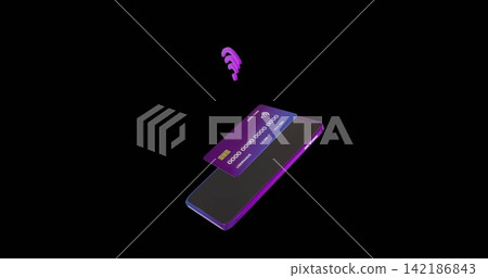 Floating paired smartphone and purple credit card rotating above black backdrop, showing NFC icon Floating paired smartphone and purple credit card rotating above black backdrop, showing NFC icon 142186843