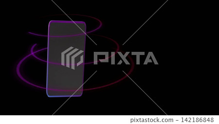 Showcasing smartphone glowing blue rim on backdrop, three neon rings spiraling, shadow, copy space 142186848