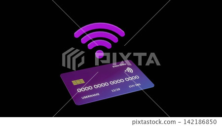 Floating purple-blue bank-card tilting on black backdrop, showing EMV-chip and contactless-icon Floating purple-blue bank-card tilting on black backdrop, showing EMV-chip and contactless-icon 142186850