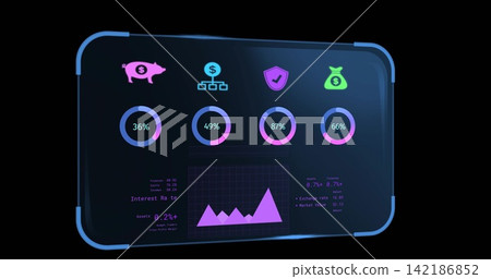 Floating hologram dashboard showing neon icons, percent rings and purple chart in dark space 142186852