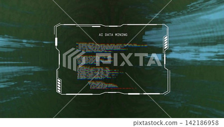 Displaying white angular HUD frame glowing in virtual data tunnel, showing AI DATA MINING code 142186958