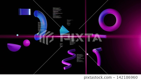 Floating neon-lit 3D geometric shapes and magenta light cross in black void, with white text Floating neon-lit 3D geometric shapes and magenta light cross in black void, with white text 142186960