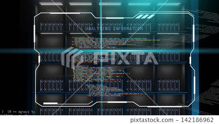 Displaying bank of server racks projecting HUD overlay in data center, with LED status lights Displaying bank of server racks projecting HUD overlay in data center, with LED status lights 142186962