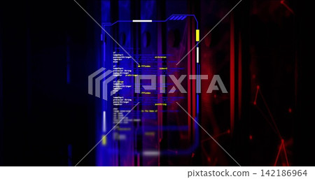 Floating holographic code panel with blue neon frame in virtual HUD, showing white and yellow code Floating holographic code panel with blue neon frame in virtual HUD, showing white and yellow code 142186964