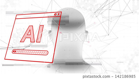 Displaying dotted head silhouette with AI progress window and network lines in abstract tech scene Displaying dotted head silhouette with AI progress window and network lines in abstract tech scene 142186985