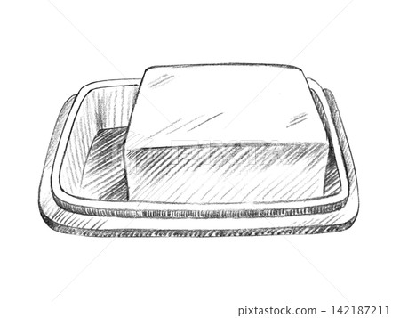 Butter dish with butter. Handmade farm pencil illustrations. For design of cards, cover, prints, product labels and fabric. Butter dish with butter. Handmade farm pencil illustrations. For design of cards, cover, prints, product labels and fabric. 142187211