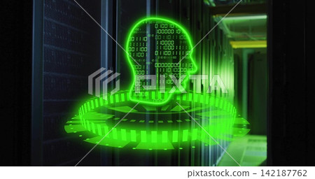 Floating neon green hologram head of binary digits above ring platform in server aisle, on racks Floating neon green hologram head of binary digits above ring platform in server aisle, on racks 142187762