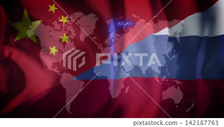 Showing merging Chinese stars with Russian tricolor on fabric, overlaying map, showing arrow 61 Showing merging Chinese stars with Russian tricolor on fabric, overlaying map, showing arrow 61 142187763