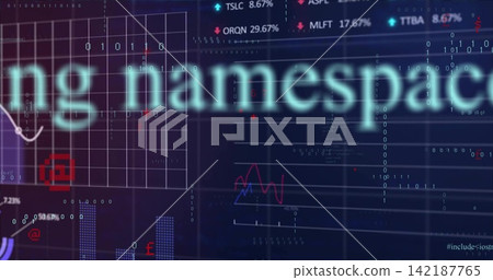 Displaying large blurred cyan namespace text spanning dashboard, with grid chart and binary digits Displaying large blurred cyan namespace text spanning dashboard, with grid chart and binary digits 142187765