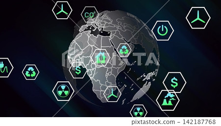 Displaying 3D globe with country outlines on navy backdrop showing floating hex icons recycling CO2 Displaying 3D globe with country outlines on navy backdrop showing floating hex icons recycling CO2 142187768