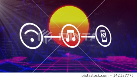 Glowing central music icon hovering above magenta blue grid horizon, linking to smartphone and arc Glowing central music icon hovering above magenta blue grid horizon, linking to smartphone and arc 142187775