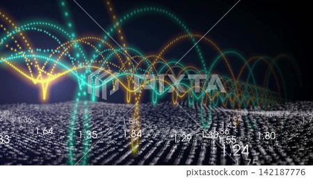 Tracing teal and yellow dotted arches over numeric grid in virtual data space with glowing columns 142187776