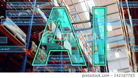 Data activating AI graphic, AI graphic analyzing inventory and overlaying chat boxes for logistics 142187783