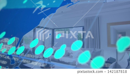 Showing modern living room featuring light cushioned sofa, coffee table, patio door, blue overlay Showing modern living room featuring light cushioned sofa, coffee table, patio door, blue overlay 142187818