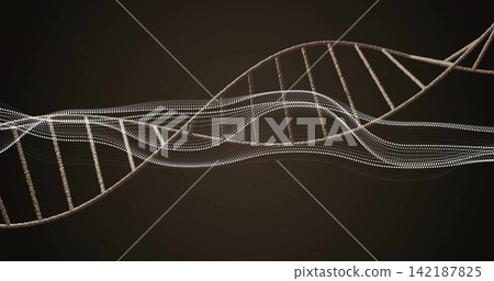 Glowing abstract twin helix extending across dark digital backdrop showing dotted strands and rungs Glowing abstract twin helix extending across dark digital backdrop showing dotted strands and rungs 142187825