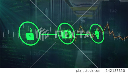 Displaying green round icons linking by arrows in server room, padlock camera lightbulb overlaying Displaying green round icons linking by arrows in server room, padlock camera lightbulb overlaying 142187830