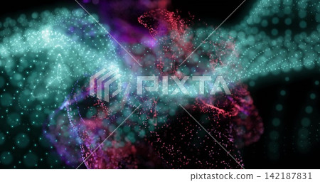 Flowing aqua-turquoise particle ribbon moving across dark digital void, with magenta clouds, bokeh Flowing aqua-turquoise particle ribbon moving across dark digital void, with magenta clouds, bokeh 142187831