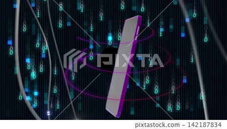 Hovering slim purple smartphone orbiting magenta rings in cyber grid, black void behind binary code Hovering slim purple smartphone orbiting magenta rings in cyber grid, black void behind binary code 142187834