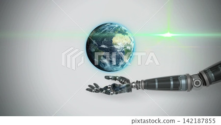Showing robotic forearm, hand holding floating Earth globe in studio with green lens flare, shadow Showing robotic forearm, hand holding floating Earth globe in studio with green lens flare, shadow 142187855