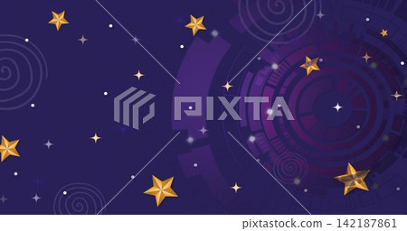 Glossy golden 3D five-pointed stars floating across purple navy gradient with magenta tech rings Glossy golden 3D five-pointed stars floating across purple navy gradient with magenta tech rings 142187861