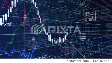 Displaying central white candlesticks with colored lines, % labels, 3D grid and world map on screen Displaying central white candlesticks with colored lines, % labels, 3D grid and world map on screen 142187863