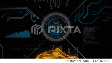 Rotating central circular HUD scanning on dark grid dashboard, showing orange wireframe mesh Rotating central circular HUD scanning on dark grid dashboard, showing orange wireframe mesh 142187867
