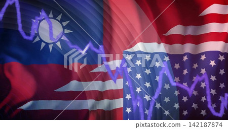 Vertical video: Purple trend pulsing across Taiwan and US flags in studio, showing ripples and ties 142187874
