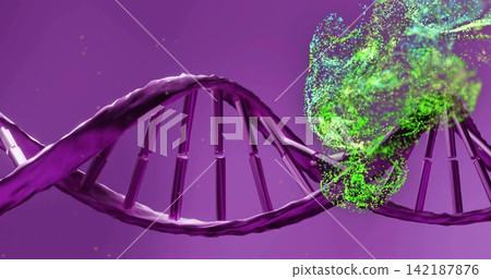 Animating purple double helix stretching in lab, interacting with green luminescent cloud sparks Animating purple double helix stretching in lab, interacting with green luminescent cloud sparks 142187876