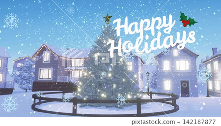 Glowing evergreen tree standing in town square, with warm lights, gold star, fence 142187877