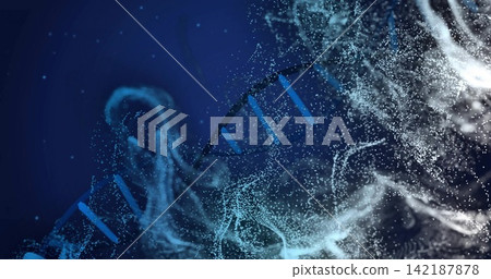 Glowing segmented double-helix drifting on digital blue gradient plane, with cyan particle clouds Glowing segmented double-helix drifting on digital blue gradient plane, with cyan particle clouds 142187878