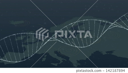 Displaying dotted DNA helix crossing centered Europe map, showing white dots, target markers Displaying dotted DNA helix crossing centered Europe map, showing white dots, target markers 142187894