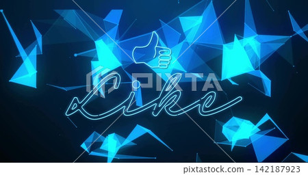 Glowing neon cursive Like and thumbs-up icon floating in dark digital art, with polygonal network Glowing neon cursive Like and thumbs-up icon floating in dark digital art, with polygonal network 142187923