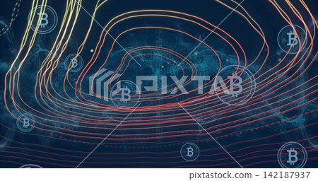 Animating crypto network with contours on data map, moving BTC tokens with transfer pulse arriving Animating crypto network with contours on data map, moving BTC tokens with transfer pulse arriving 142187937