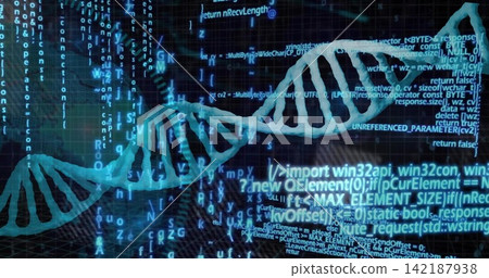 Displaying glowing cyan double helix stretching across virtual lab space, showing code streams Displaying glowing cyan double helix stretching across virtual lab space, showing code streams 142187938