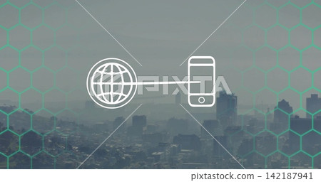 Displaying central white link graphic over hazy coastal skyline with globe, smartphone and hex grid Displaying central white link graphic over hazy coastal skyline with globe, smartphone and hex grid 142187941