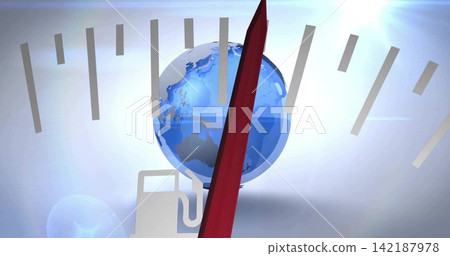 Rotating blue Earth globe sitting in studio backdrop, with red fin, beige bars, gas pump Rotating blue Earth globe sitting in studio backdrop, with red fin, beige bars, gas pump 142187978
