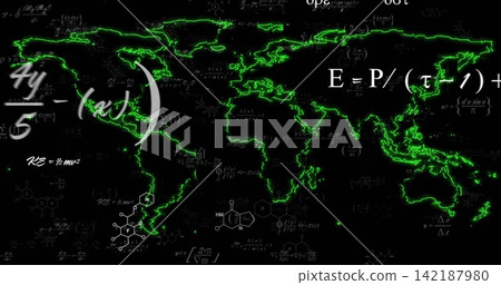 Glowing neon-green world map centering on dark digital graphic, with white formulas, molecules, arc 142187980