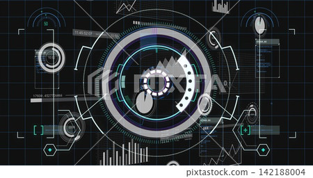 Displaying central concentric reticle with gear-like hub and segmented arcs on dark grid interface Displaying central concentric reticle with gear-like hub and segmented arcs on dark grid interface 142188004