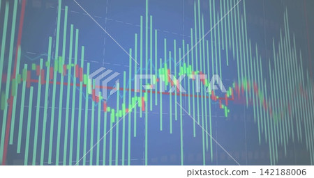 Displaying market chart filling screen on dashboard, with cyan bars red trendline candles Displaying market chart filling screen on dashboard, with cyan bars red trendline candles 142188006