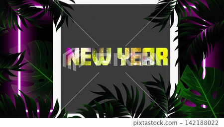 Showing centered NEW YEAR glittering neon text on dark gray panel with white frame, tropical leaves Showing centered NEW YEAR glittering neon text on dark gray panel with white frame, tropical leaves 142188022