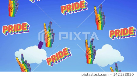 Displaying repeating rainbow hands and PRIDE stickers across blue gradient sky with white clouds Displaying repeating rainbow hands and PRIDE stickers across blue gradient sky with white clouds 142188030