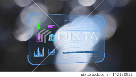 Floating translucent holographic panel showing colored icons charts data table over dark studio set Floating translucent holographic panel showing colored icons charts data table over dark studio set 142188031